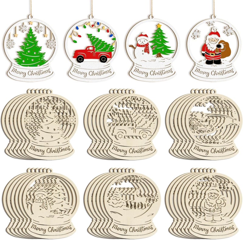 Sophena 36PCS Wooden Hollow Christmas Ornaments for Paint Christmas Tree Decorations 6 Styles, DIY Blank Unfinished Wood Reindeer Santa Claus Snowman Snowflake Angle Cutouts for Crafts Winter Hanging Decora - Image 1